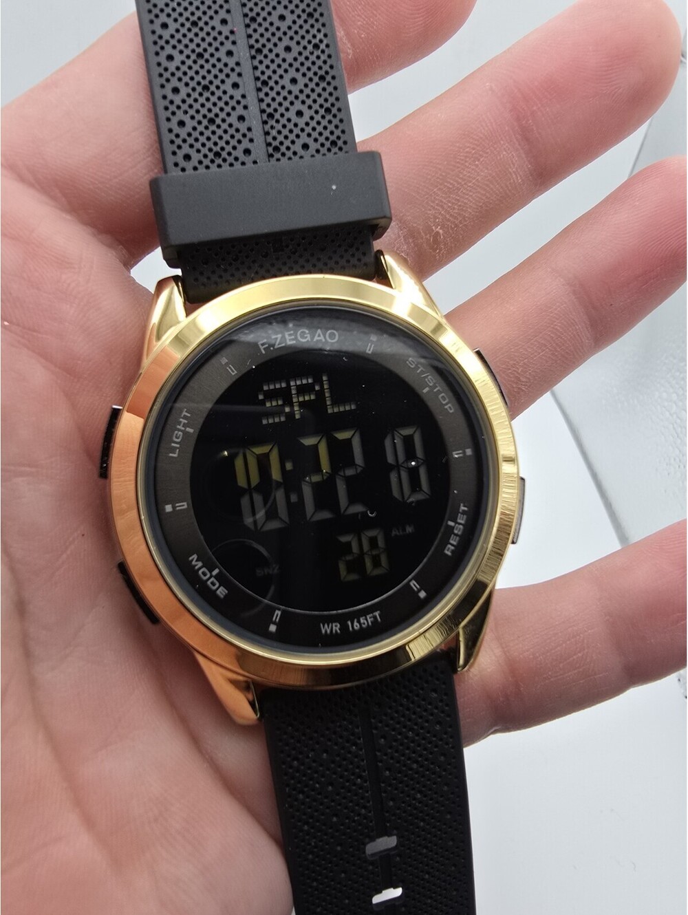 Fzegao Quartz Digital Sport Wristwatch Black Silicone Band Gold Case Alarm 50m